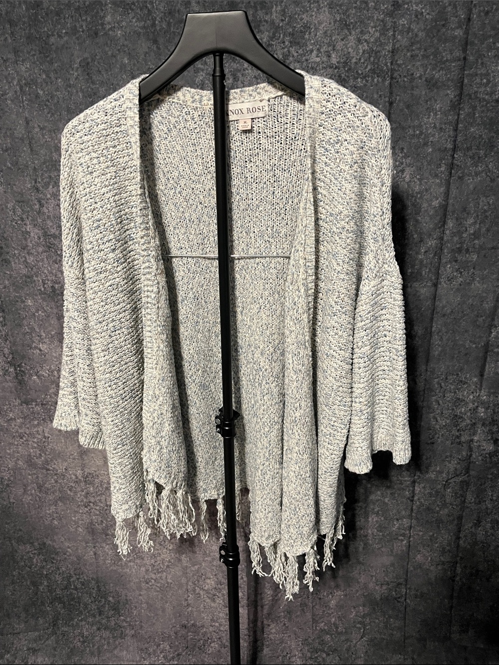 Knox Rose Heather Gray Open-Front Fringe Knit Poncho